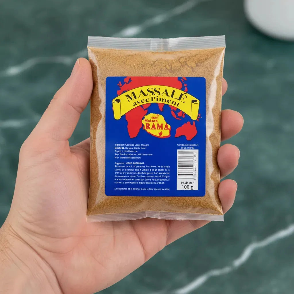 Sachet de Massalé pimenté Bourbon MAISON RAMA tenu en main, format pratique pour une épicerie salée de qualité.